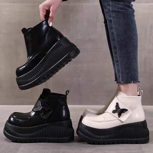 8cm内增高马丁靴女真皮英伦2025秋冬款 厚底小个子显瘦魔术贴短靴