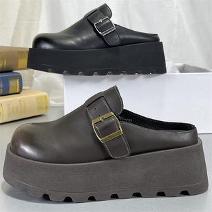 牛皮版！厚底包头半拖鞋女2026新款厚底增高乐福鞋真皮懒人勃肯鞋