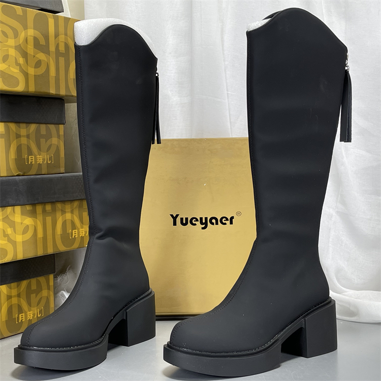 月芽儿加绒骑士靴真皮圆头长靴女2025粗跟不过膝高筒靴百搭长筒靴