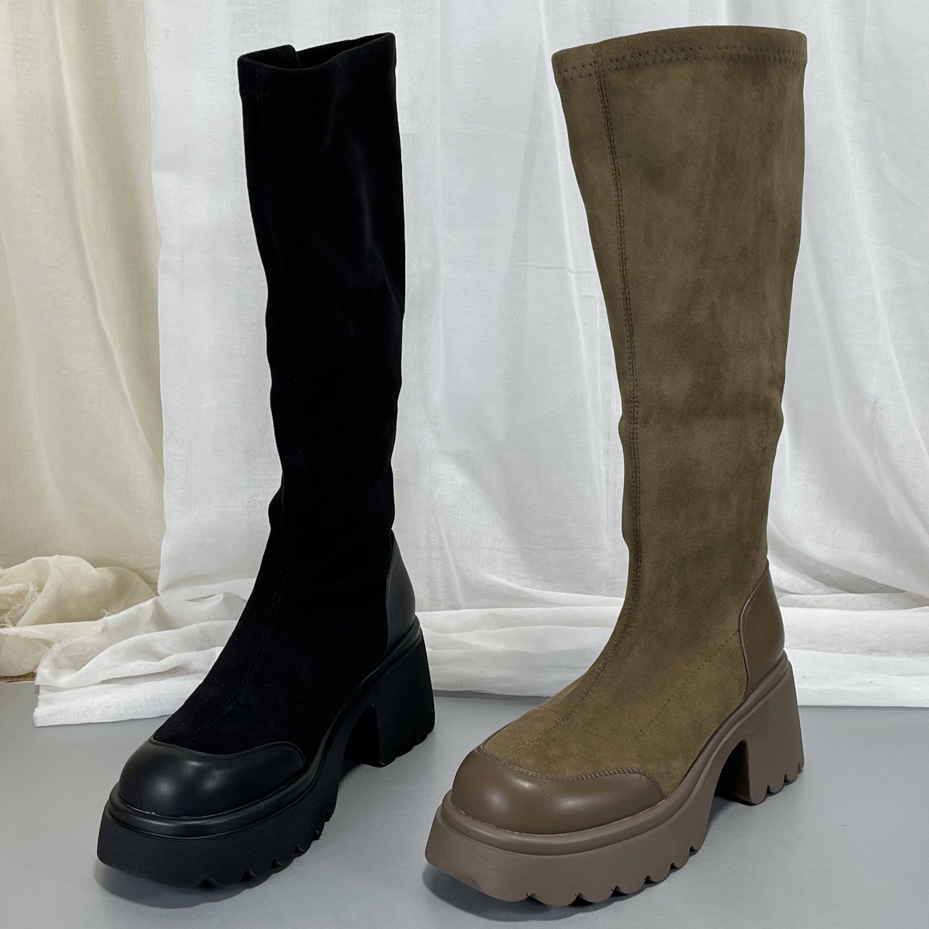 复古弹力羊反绒皮瘦瘦靴女2025冬季款保暖百搭厚底粗跟不过膝长靴,女鞋,马丁靴,淘宝优惠券,粉丝福利购,淘宝优惠卷