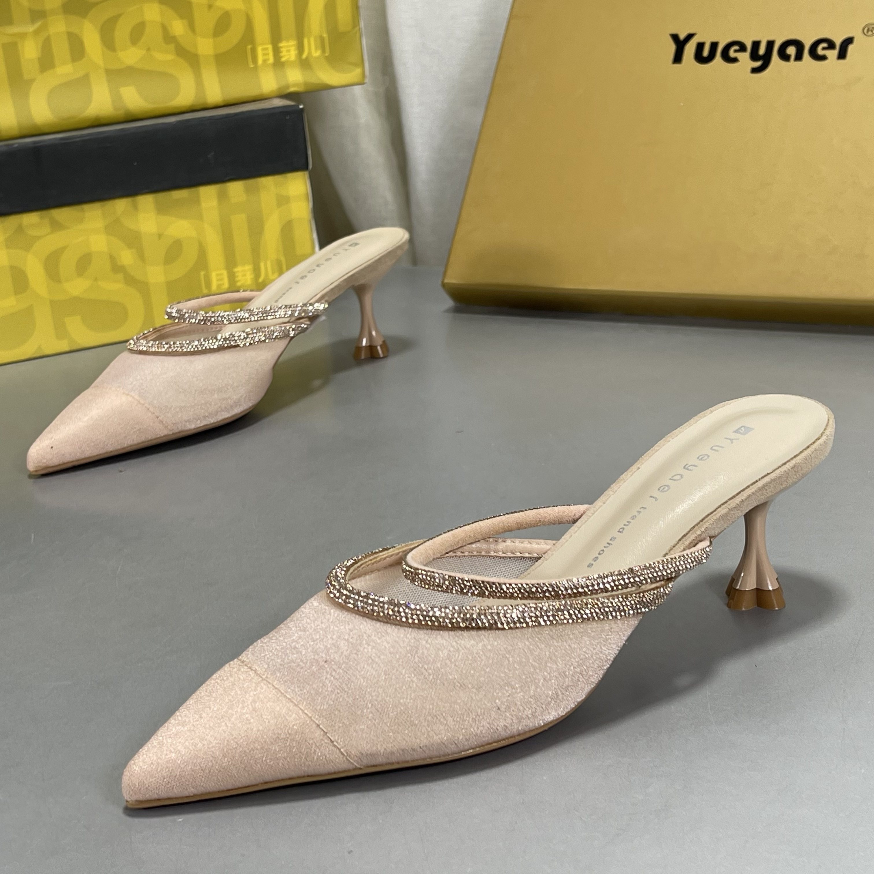 月芽儿法式配裙子拖鞋女2026春夏细跟水钻性感网纱尖头包头半拖鞋,女鞋,其他拖鞋,淘宝优惠券,粉丝福利购,淘宝优惠卷