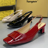 月芽儿方扣穆勒后空单鞋 女夏季 包头后空凉鞋 羊漆皮 低跟玛丽珍鞋