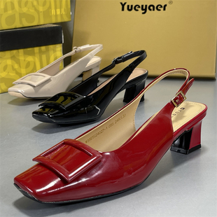 羊漆皮~月芽儿方扣穆勒后空单鞋女夏季包头后空凉鞋低跟玛丽珍鞋