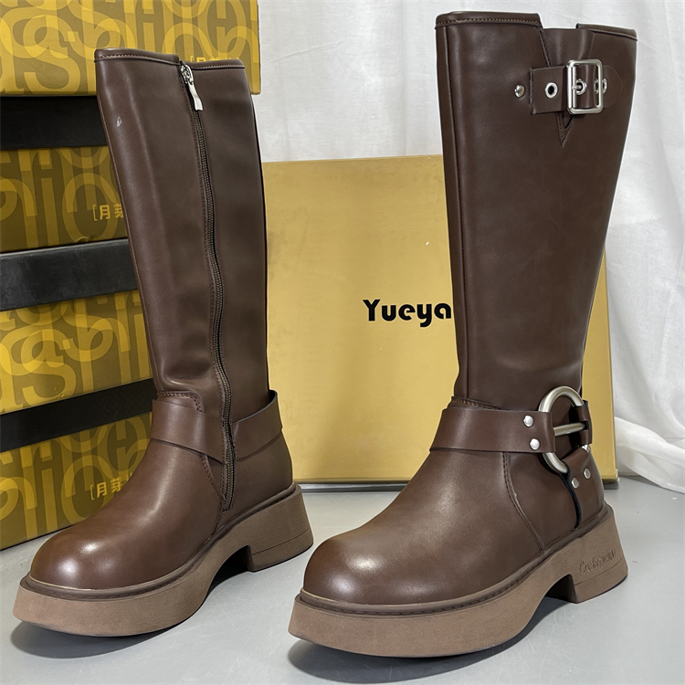 月芽儿棕色马丁靴女真皮加绒复古不过膝长筒靴牛仔西部靴子骑士靴