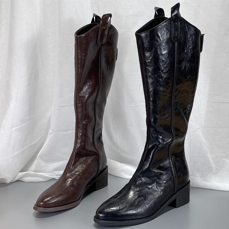 牛皮~ 西部骑士靴女2025冬季加绒复古尖头长筒靴粗跟时装靴不过膝