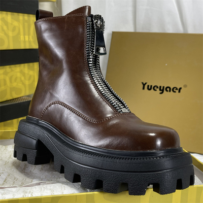 月芽儿马丁靴女英伦风头层牛皮厚底短靴女中筒靴子方头拉链马丁靴