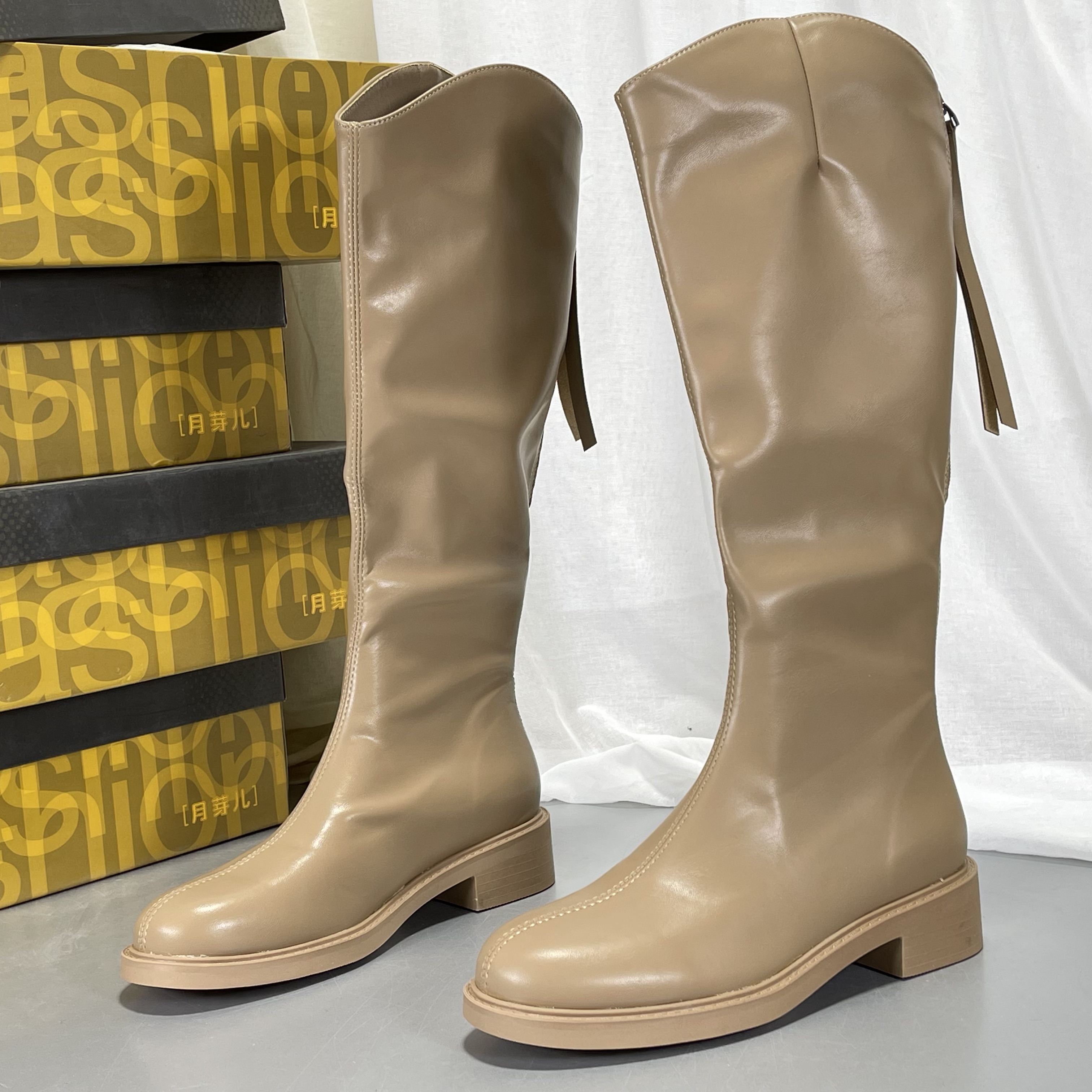 月芽儿骑士靴女后拉链2025秋冬圆头长筒不过膝软底真皮不过膝高筒