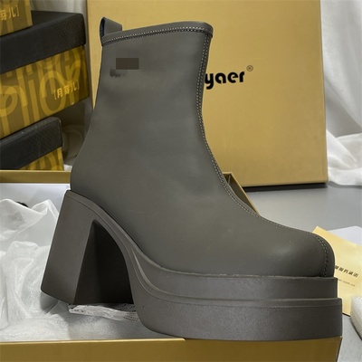 月芽儿牛皮高跟加绒马丁靴女2025冬真皮粗跟防水台短靴厚底瘦瘦靴