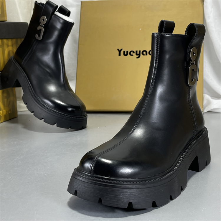 月芽儿正品切尔西靴后拉链头层牛皮马丁靴女圆头复古英伦风短筒靴