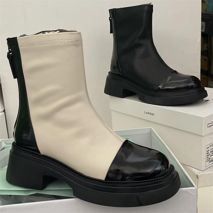 品牌撤柜头层牛皮马丁靴小香风后拉链真皮拼色圆头真皮厚底瘦瘦靴,女鞋,马丁靴,淘宝优惠券,粉丝福利购,淘宝优惠卷