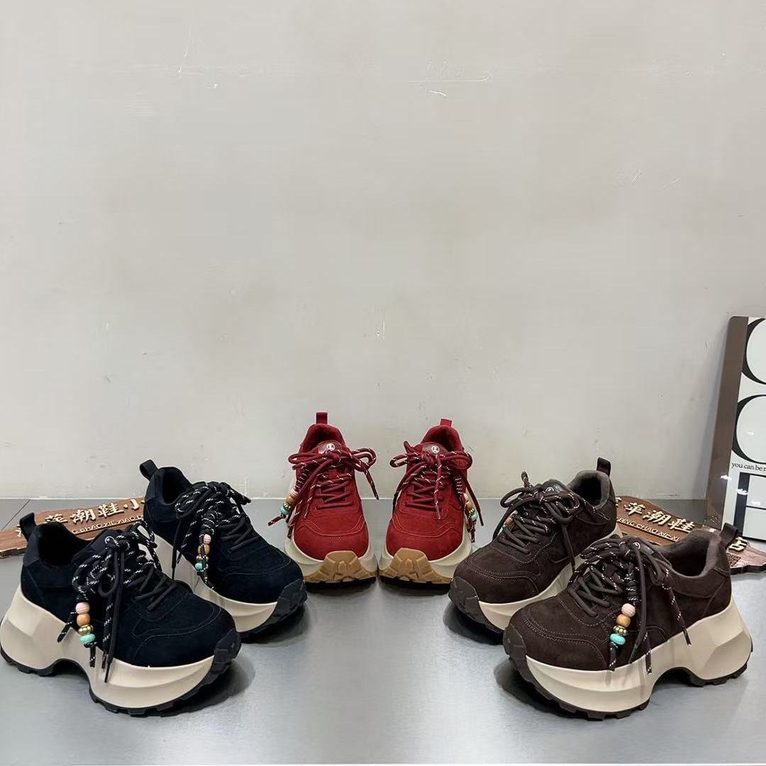 2025秋冬新款加绒厚底老爹鞋女鞋小个子磨砂真皮增高拼色运动鞋出