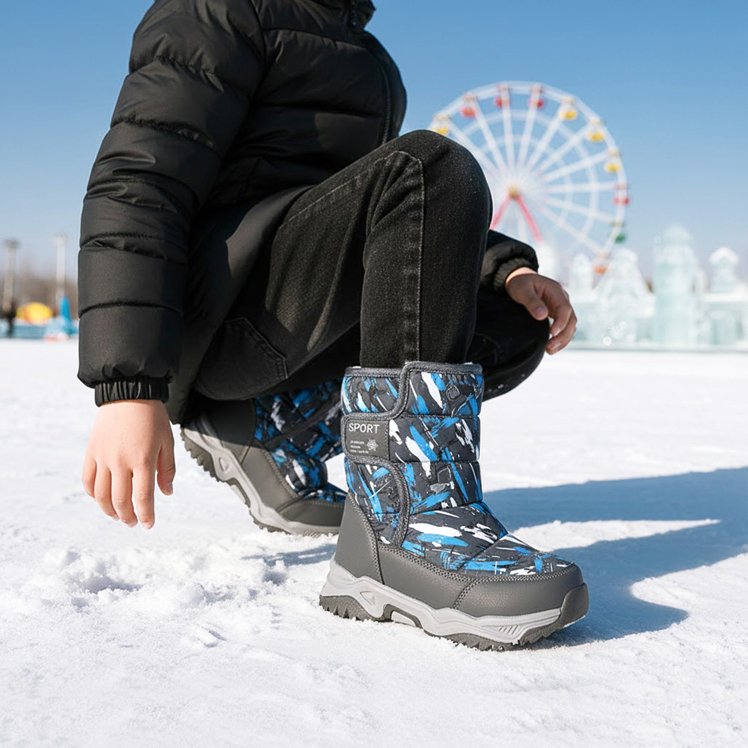 儿童中筒加绒防水防滑雪地靴