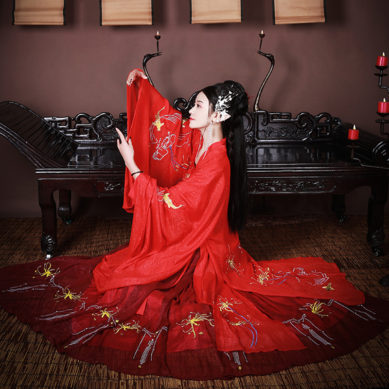 山海集汉服女生红色系彼岸花春夏中国风日常齐胸襦裙
