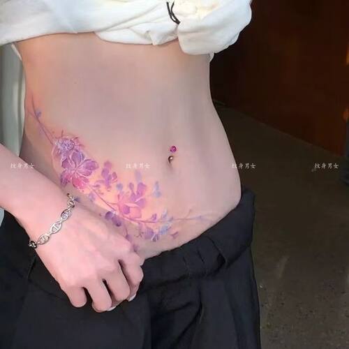 淡紫花藤腰腹纹身贴女 清新水墨花朵侧腰性感遮疤防水仿真刺青贴