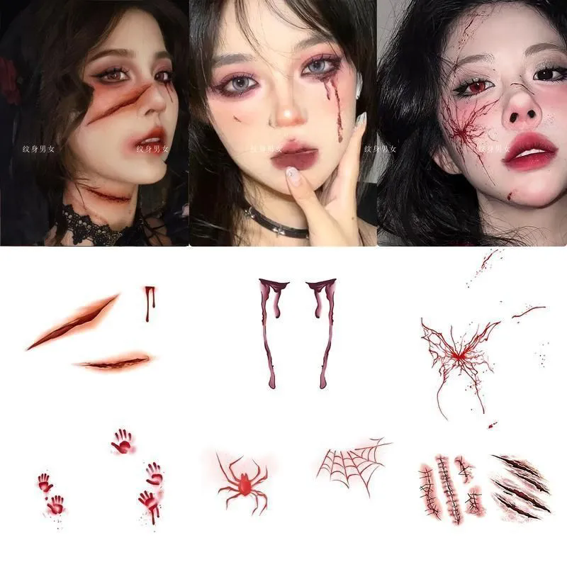万圣节伤疤纹身脸贴纸妆容受伤的女神 防水仿真假伤口cosplay派对