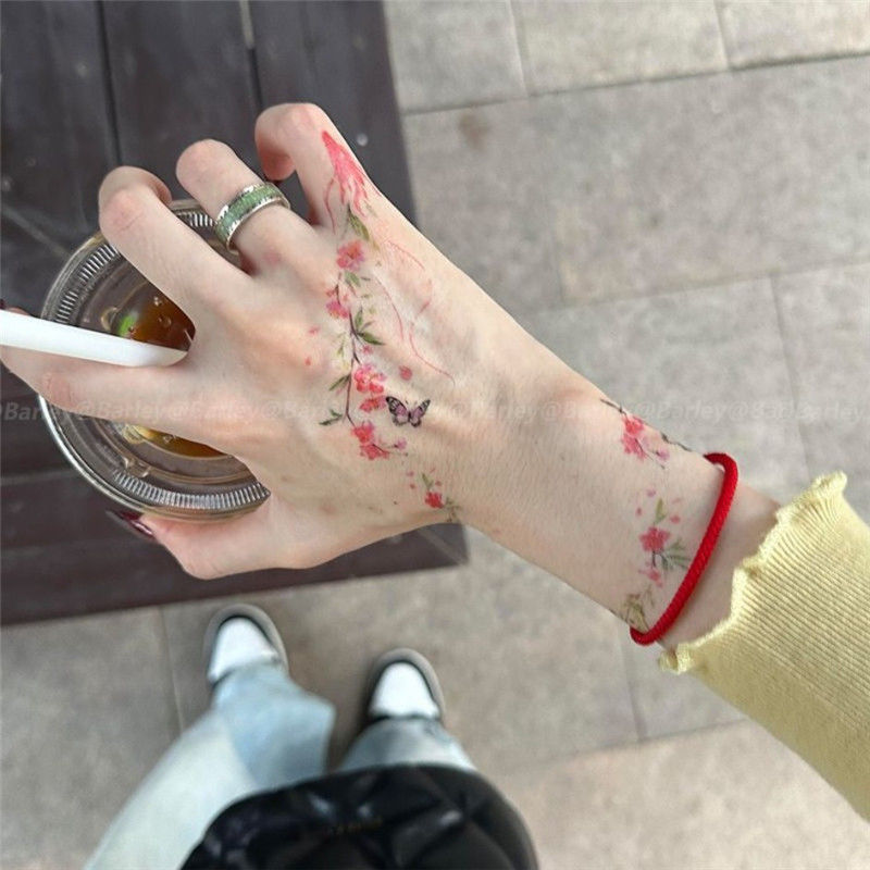 仙气新中式纹身贴桃花手环手花臂小清新INS个性持久唯美学生彩色