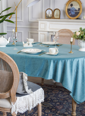 蓝色丝绒桌布防水科技Miss Peony圆桌长方茶几轻奢高级感中古台布