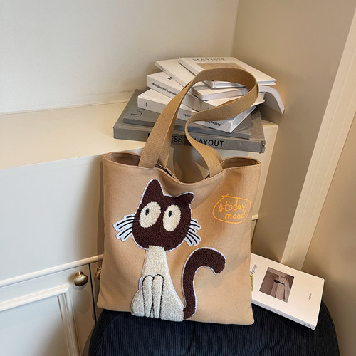 可爱刺绣猫咪帆布托特包女学生大容量手提上课书袋上班通勤单肩包