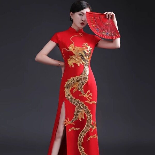 爱24冬季新款改良旗袍鱼尾长款亚马逊大气礼仪特队走秀演出服红色