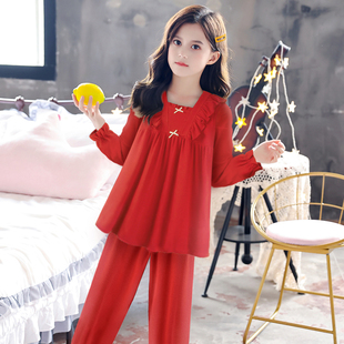 女童红色睡衣春秋纯棉长袖2025年新款甜美公主风可外穿家居服套装
