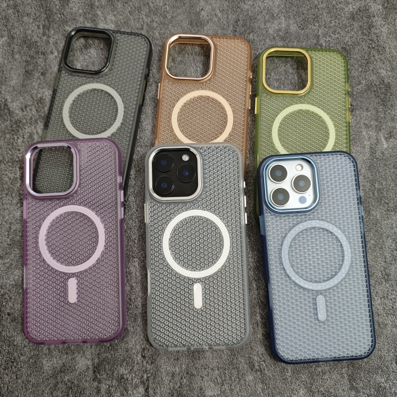 网孔镂空蜂窝冰透散热磁吸苹果16proMax手机壳iPhone15pro/14女13pro透气14prmax透色ins风16高级感15proMax