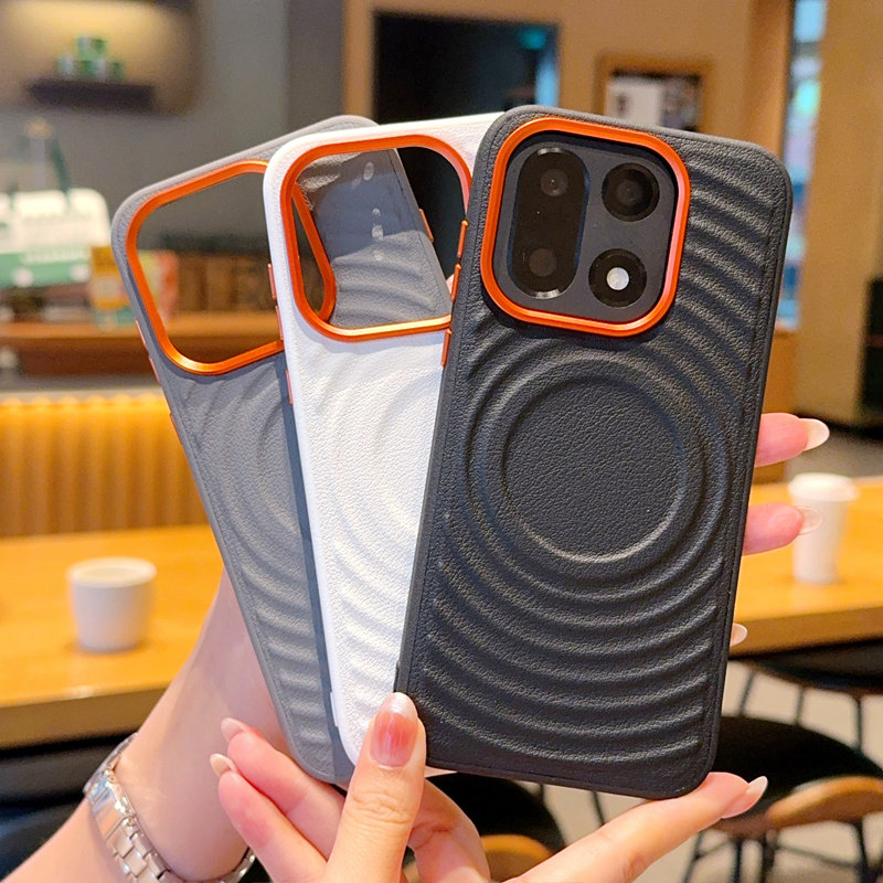 高端皮质波漾纹磁吸充电一加15手机壳金属按键镜头圈素皮高端轻奢