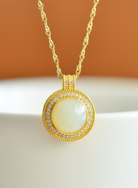 天然玉石s925银镀金镶和田玉白玉圆蛋面吊坠满圈镶钻简约时尚项链