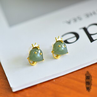 天然玉石s925银镶和田玉异形皇冠蛇耳钉银白银镀金镶玉卡通耳饰女