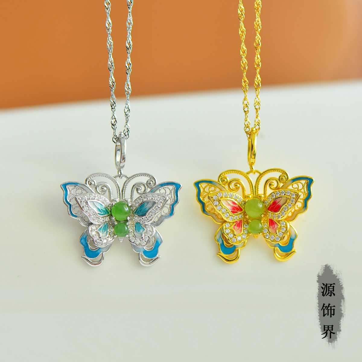 天然玉石s925银镀金2色选镶和田玉碧玉蝴蝶吊坠珐琅毛衣链项链女