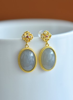 天然玉石s925银镶和田玉蛋面烟紫耳坠银镀金耳钉青海料烟紫色礼物