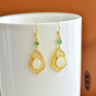 天然玉石s925银镶和田玉水滴葫芦耳坠白玉银镀金镶玉耳环耳饰礼物