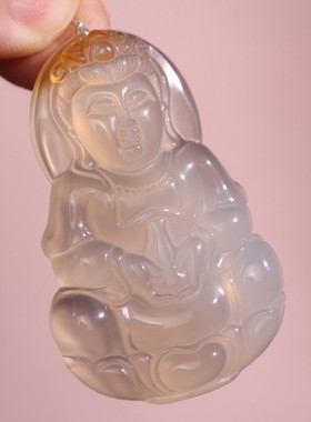 源饰界天然冰彩玉髓平安观音挂件冰种手工雕刻无伤裂男款玉石21#