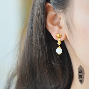 天然玉石s925银镶和田玉8mm白玉珠子黄金如意耳坠耳钉女耳环饰品