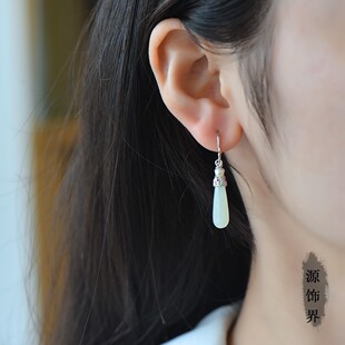 天然玉石s925银镶和田玉白玉凤凰配珍珠耳坠原色银镀金两色选礼物