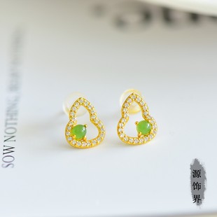 保真S925银镀金碧玉葫芦耳钉和田玉镶嵌满钻点缀国风轻奢女式耳饰