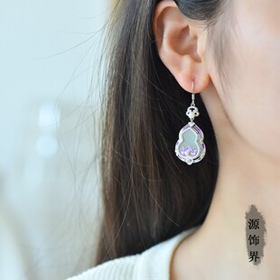 天然玉石s925银镶和田玉白玉葫芦珐琅紫莲花耳环复古耳钩女友礼物