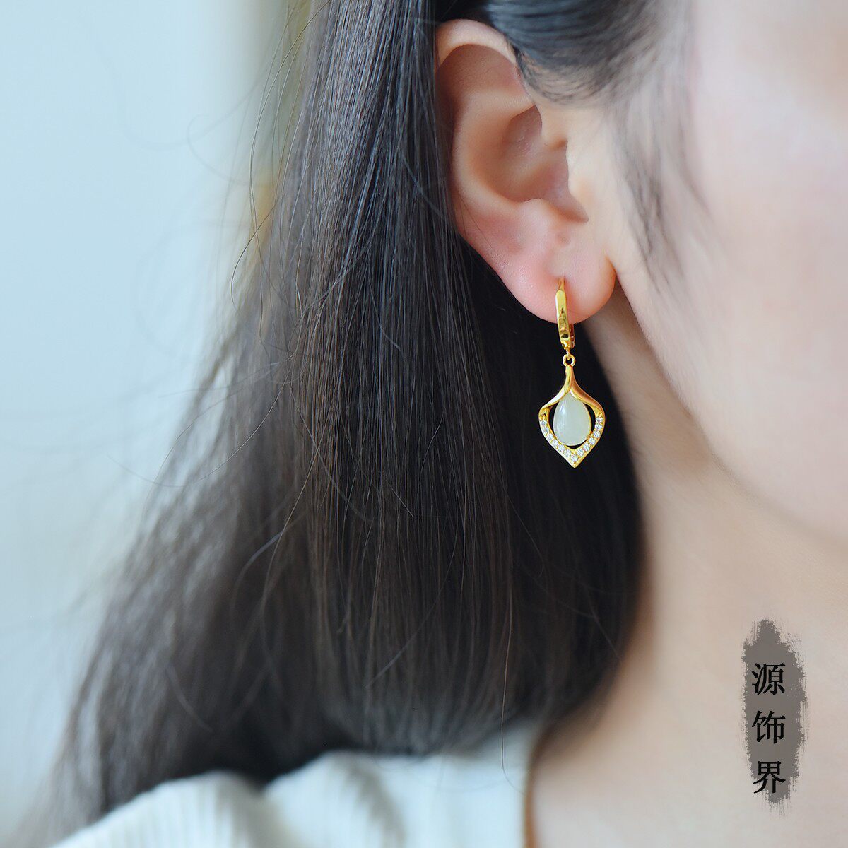 天然玉石s925银镶和田玉白玉水滴耳坠黄金玉兰花镶钻耳环女饰品