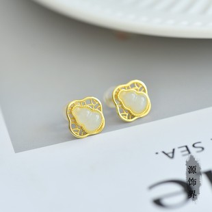 天然玉石s925银镶和田玉葫芦素银耳坠白玉银镀金镶玉耳钉耳饰礼物