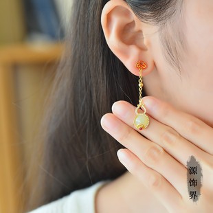 天然玉石s925银镶和田玉葫芦耳坠黄金饰品祥云福气满满耳钉耳环女