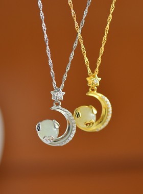 天然玉石s925银镀金2色选镶和田玉白玉生肖猪吊坠锁骨项链女礼物