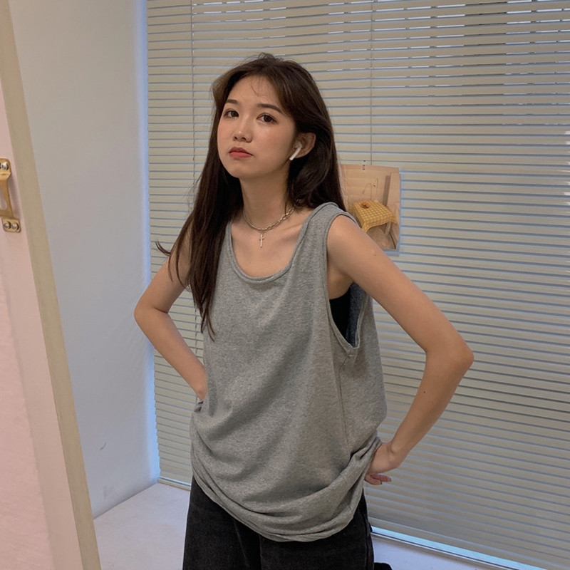白灰色坎袖运动老头衫背心女夏季潮宽松内搭无袖t恤工字吊带上衣