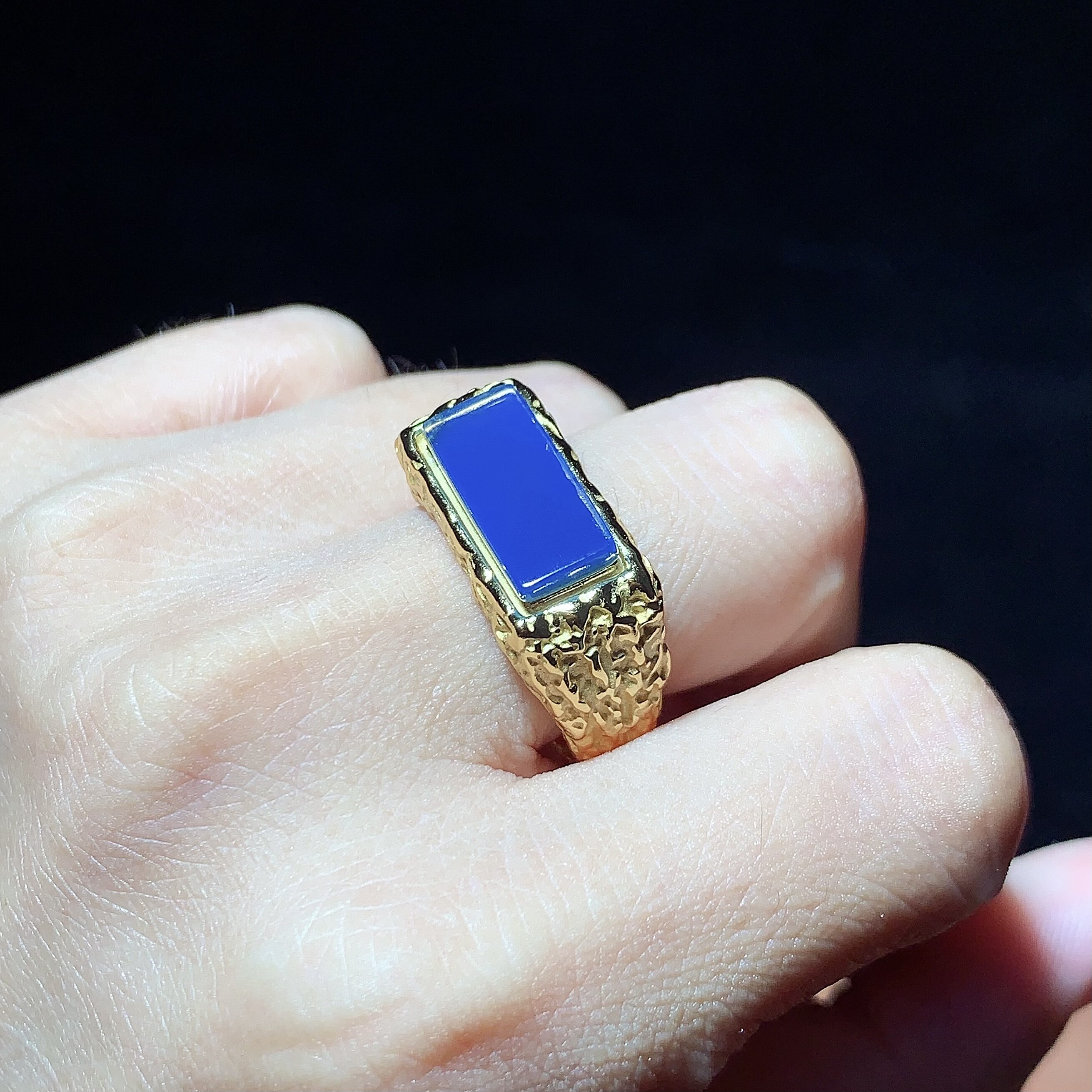 天然多米尼加蓝珀S925厚银设计款方戒5A净水皇家蓝级别马鞍男戒指