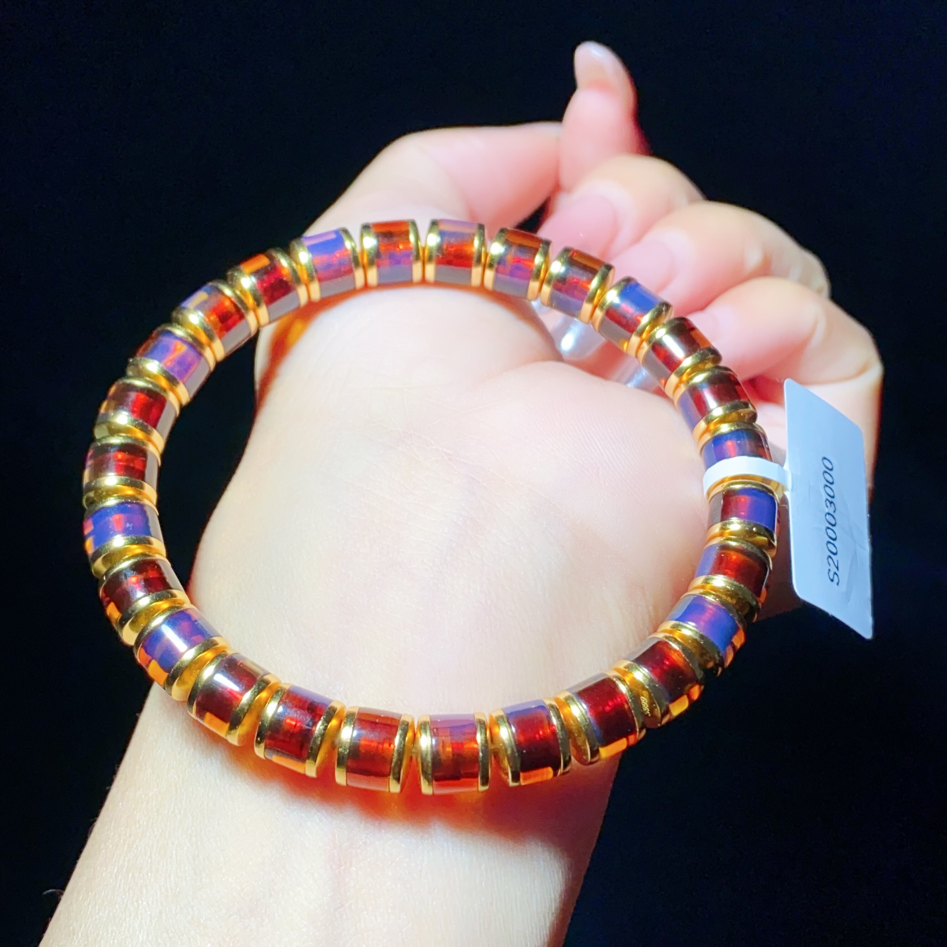 天然墨西哥精工直切红蓝珀手串老型桶珠文玩手串