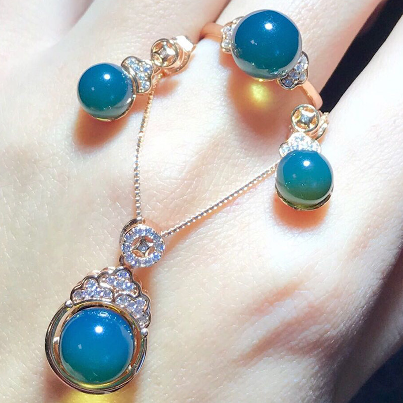 京都琥珀世家天然墨西哥蓝珀套装戒指吊坠耳钉琥珀蜜蜡女款彩金款