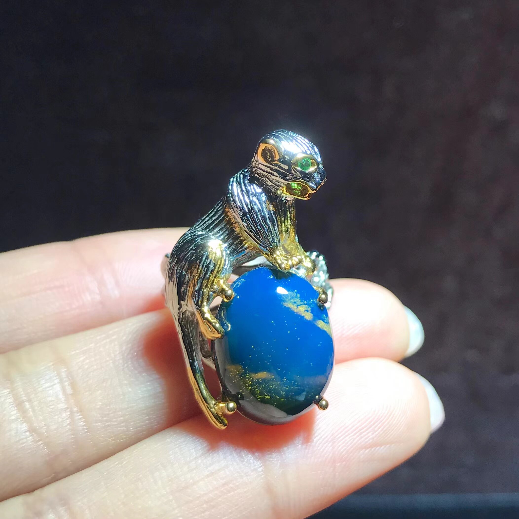 意大利工艺美洲豹款天然多米尼加蓝珀蛋面戒指皇家蓝意境风景戒女