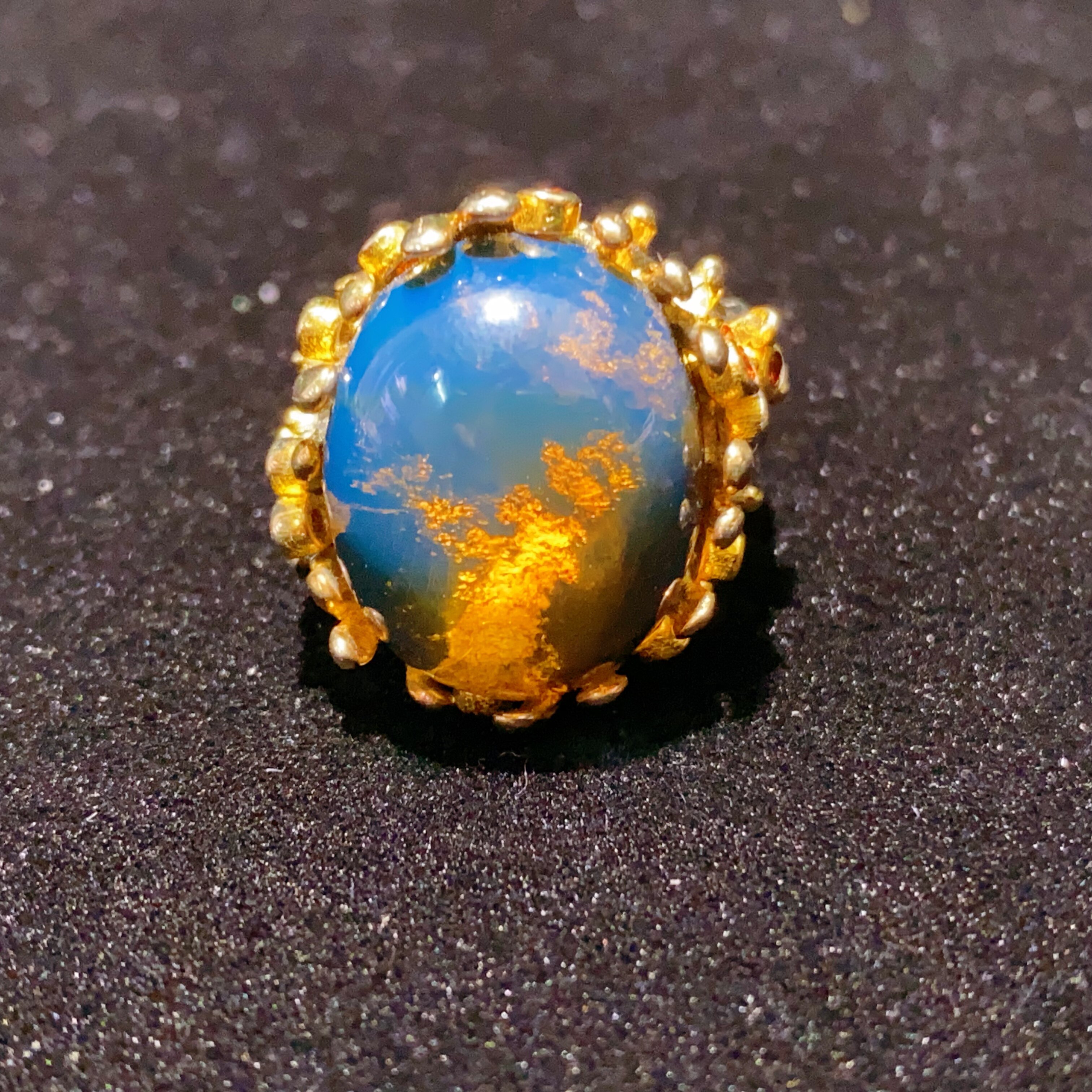 天然多米尼加溶洞蜜蓝珀蛋面戒指风景意境琥珀戒意大利双色工艺