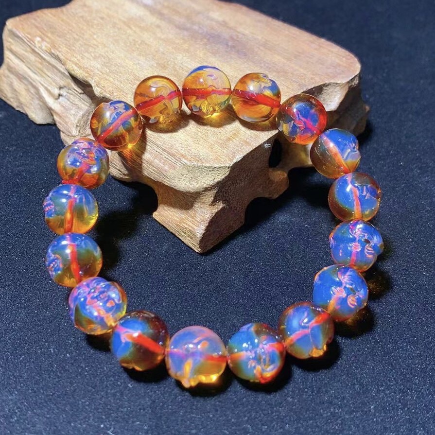 天然墨西哥红蓝珀精品弥勒佛头单圈手串琥珀精雕蓝珀串