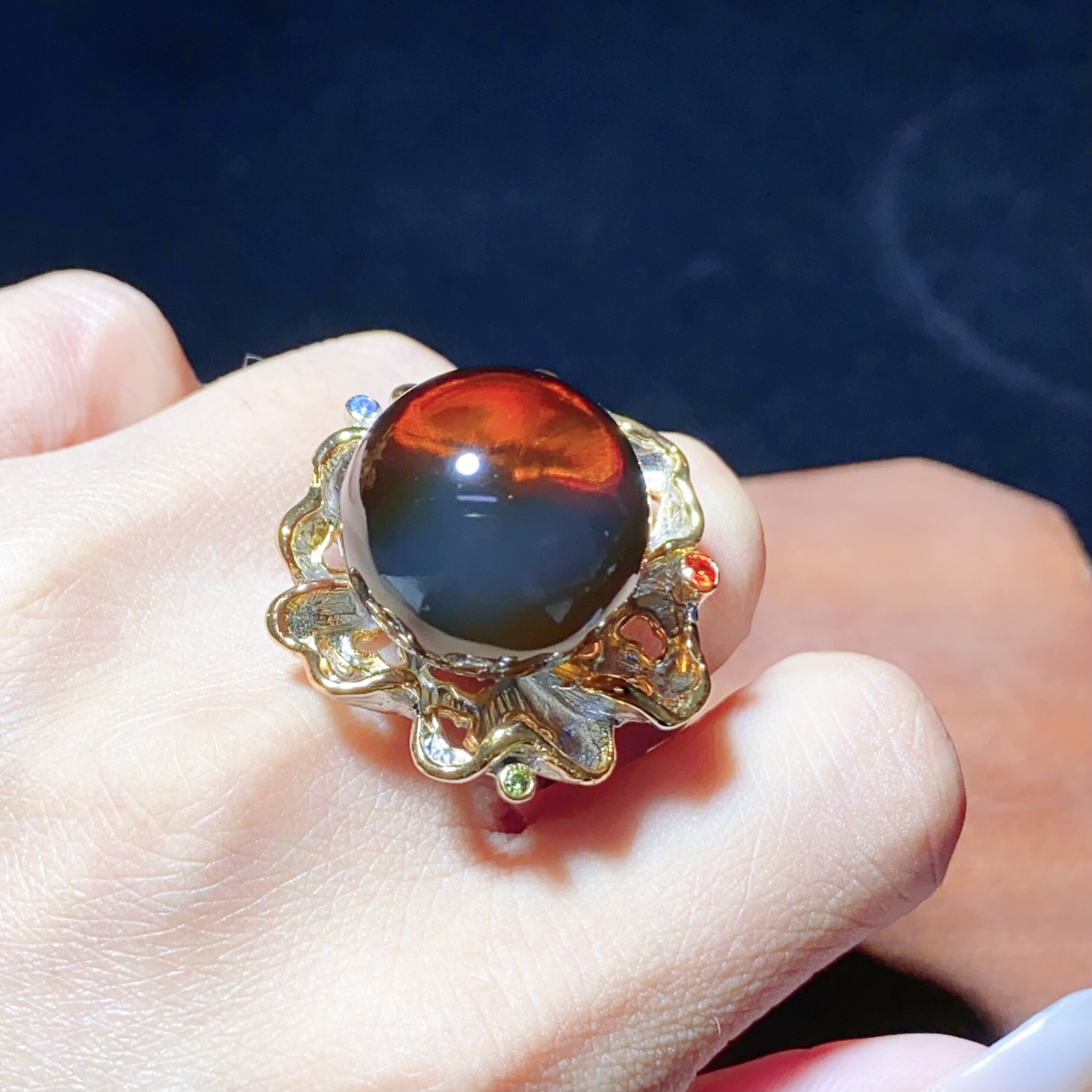 天然墨西哥精品红蓝珀欧式风格时尚款戒指