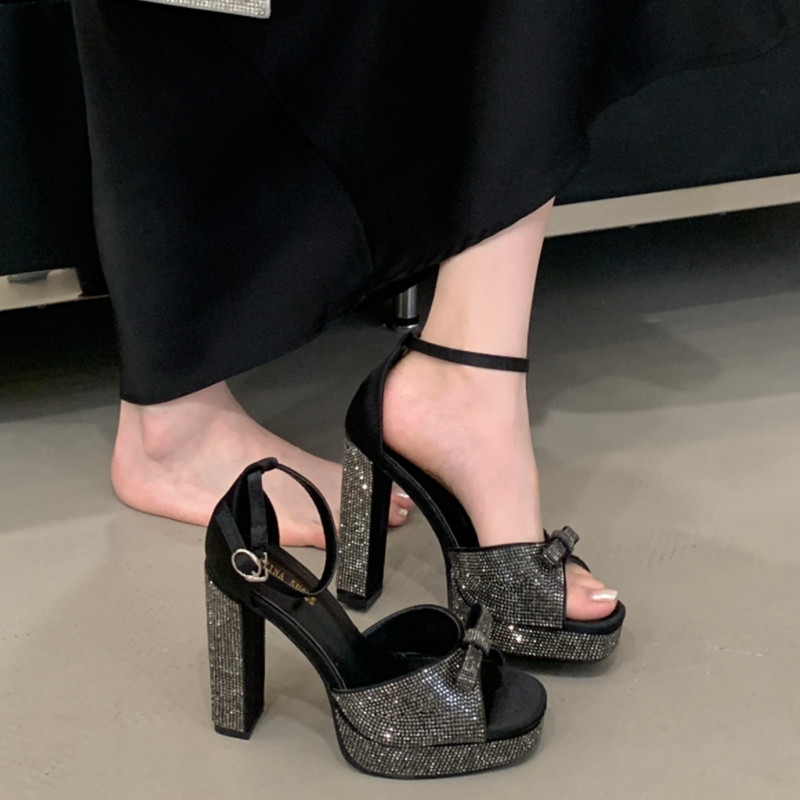 银色水钻婚鞋12cm粗跟凉鞋蝴蝶结防水台一字带超高跟女鞋模特走秀