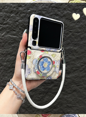 OU【网红蓝色油画花朵磁吸支架皮质手提绳】适用华为Purax/P50pockets折叠屏手机壳新款翻盖防摔保护套男女款